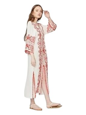 NEW NWT Soft Surroundings White Maxi Dress Kaftan with Red Embroidery